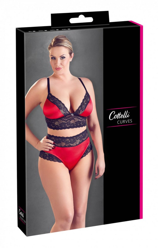 Cottelli Plus Size - csipke-szatén melltartó szett (fekete-piros)