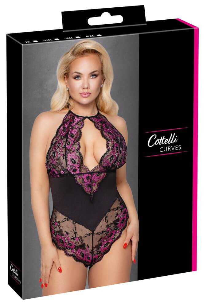 Cottelli Plus Size - virágos body (fekete-lila)