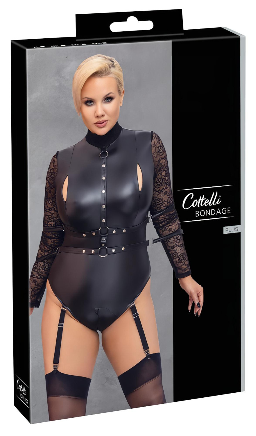 Cottelli Bondage Plus Size - csipkésujjú body (fekete)